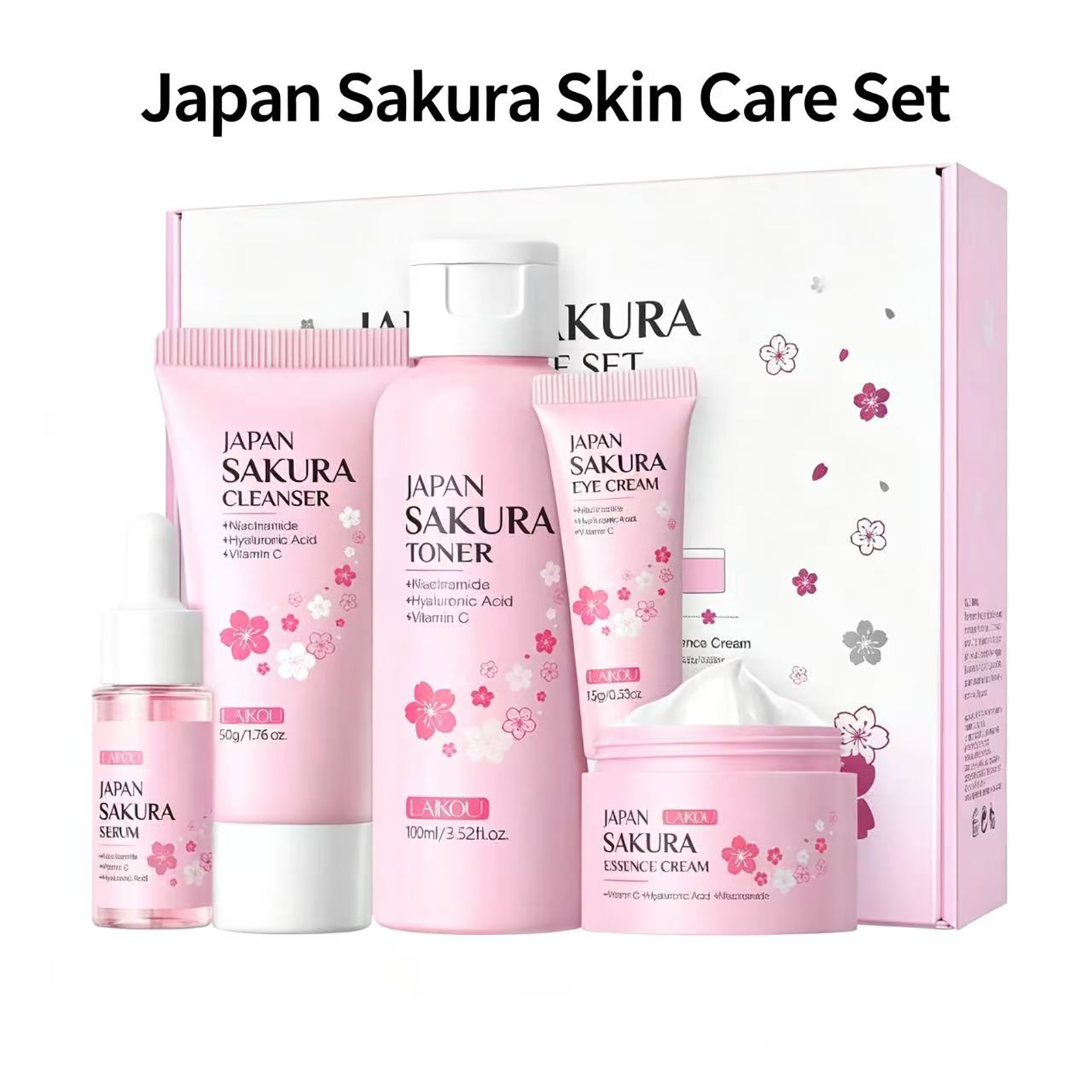 Korean Skincare Routine - LAIKOU Sakura 5Pcs Skin Care Set,Cleanser,Toner,Serum,Eye