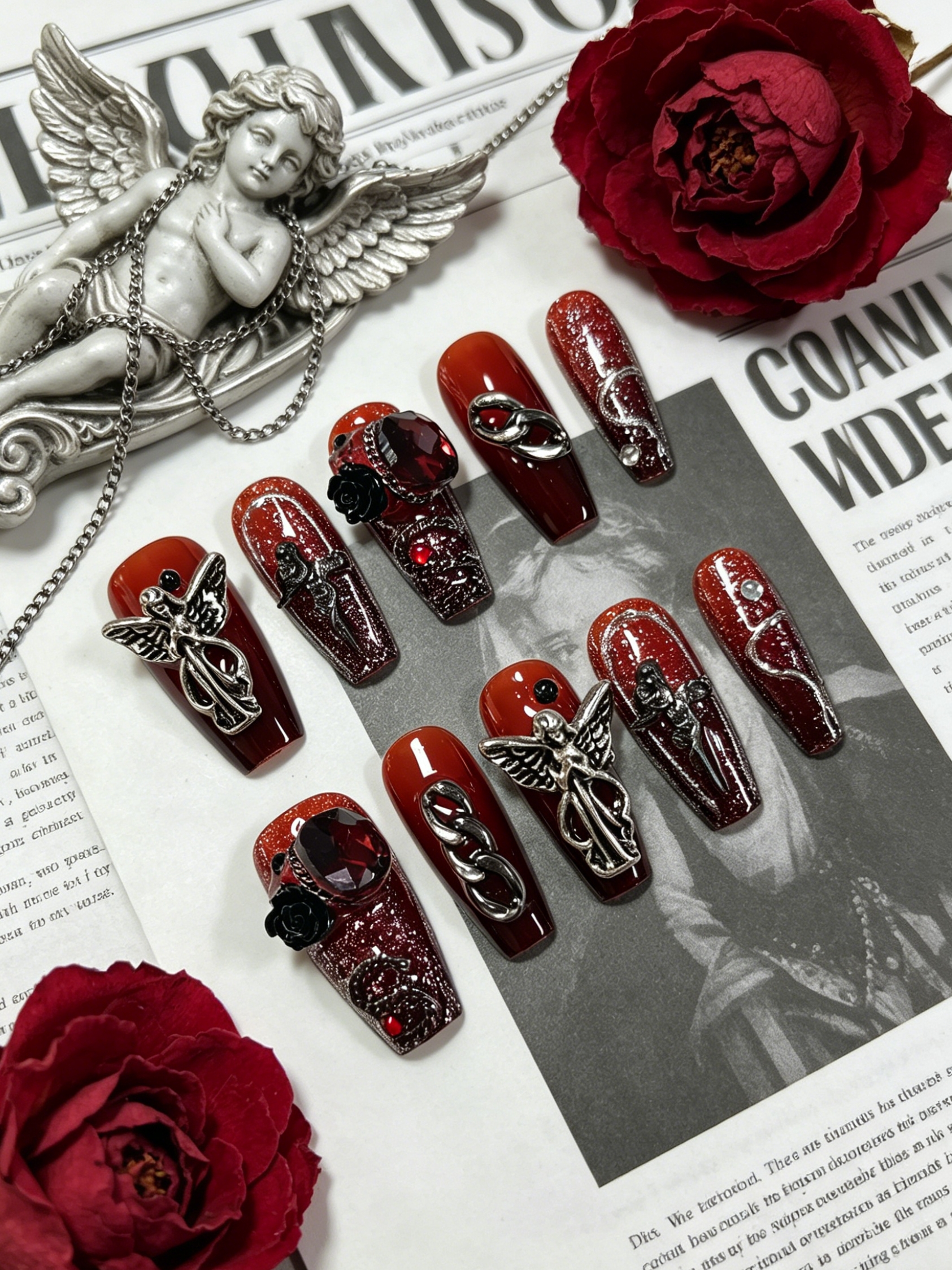 Korean Lifestyle - 10 Medium-Sized Trapezoidal Press-On Nails, Red
